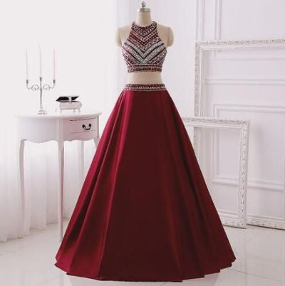 Two Piece Burgundy Glitter Halter Sleeveless Sparkly Prom Dresses uk For Teens PM142