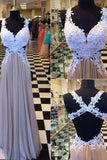 A Line V-Neck Sleeveless Applique Backless Chiffon Criss Cross Long Prom Dress