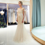 Stunning Mermaid Cap Sleeves Beading Tulle Floor Length Prom Dress Party Dress WH71697