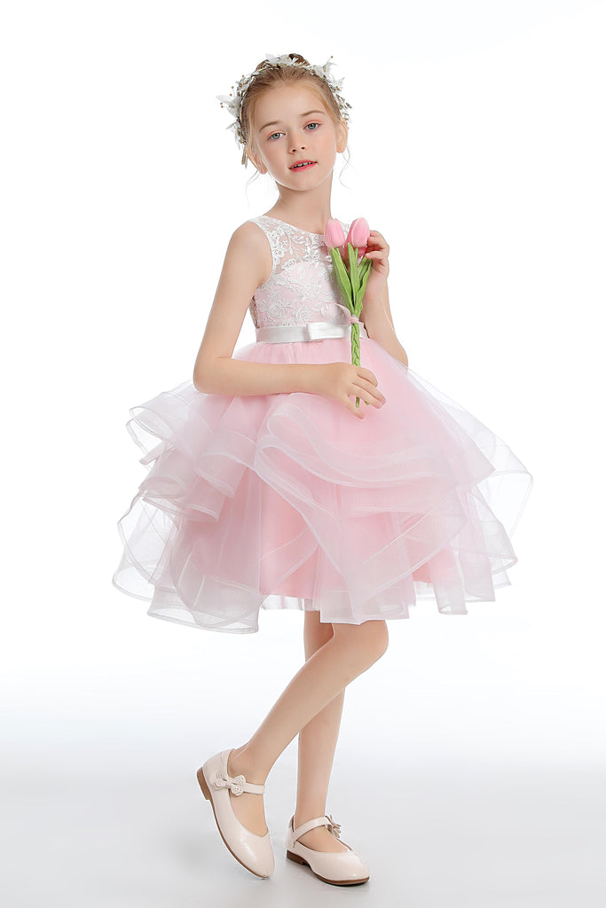Pink Layered V Back Tulle Flower Girl Dresses