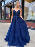 A Line Appliques Blue Long Prom Dresses Evening Dresses PD1109