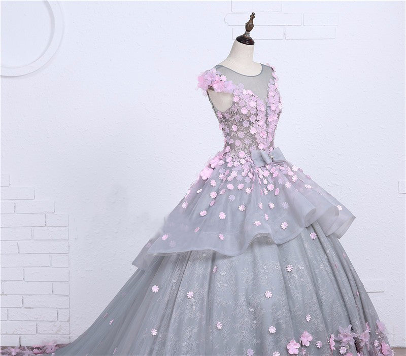 Scoop Ball Gown Gray Tulle Sleeveless Bowknot Empire Waist Wedding Dress with Pink Flowers PM576