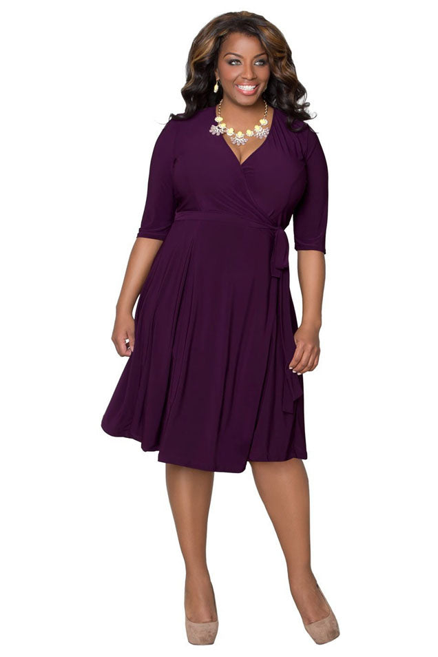 Elegant Half Sleeve Purple Knee Length V Neck Prom Dresses FP1133