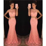 Two Pieces Mermaid Lace Peach Long Sexy Sleeveless Prom Dress