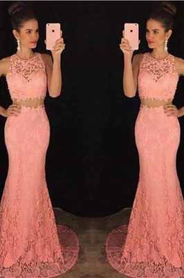 Two Pieces Mermaid Lace Peach Long Sexy Sleeveless Prom Dress