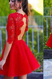 Charming See Through Blush Red Half Sleeve Open Back Lace Prom Dress
