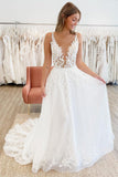 A-line V-neck Tulle Wedding Dress with Appliques N098