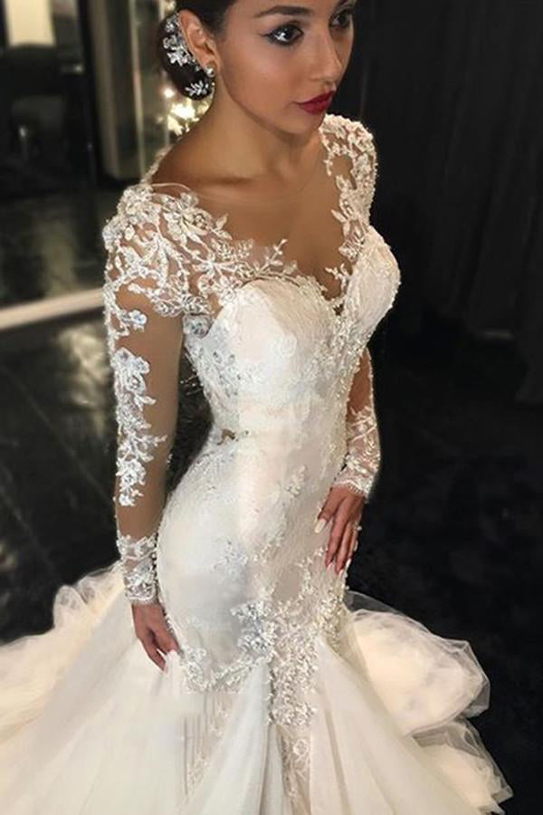 Long Sleeves Court Train Ivory V-Neck Mermaid Tulle Wedding Dress With Lace Appliques PH64