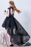 A-line High Neck Tulle Asymmetrical Lace Black Open Back High Low Modern Prom Dresses uk PM778