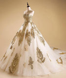 Elegant Gold Neck Tulle Strapless Sweetheart Lace Ball Gown Prom Dresses Quinceanera Dresses PH447