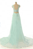 Hot Sale A-line V-Neck Beads Sleeveless Chapel Train Empire Green Chiffon Prom Dresses uk PM803