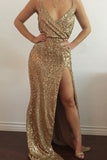 Gold Sequin Deep V-Neck Open-back Spaghetti Strap Side Slit Prom Dresses uk PM373
