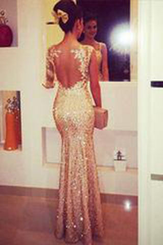 Mermaid Gold Sweetheart Long Sleeves Appliques Backless Evening Dress