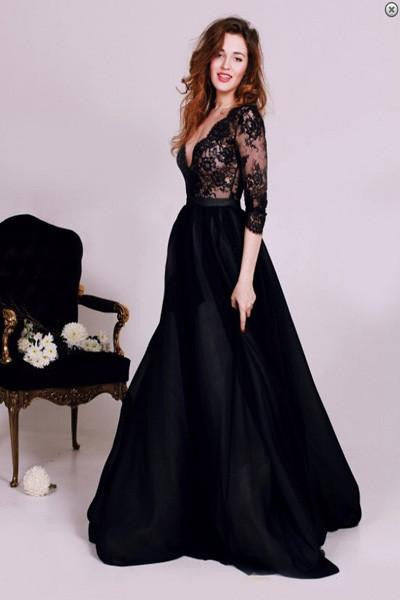 Black A Line Deep V-neck Lace Evening Dress Long Prom Dress
