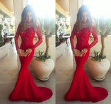 Long Trumpet/Mermaid Off-the-Shoulder Satin Red Prom Dress PM610