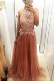 Tulle A Line Beading High Neck Sleeveless Charming Long Evening Dress