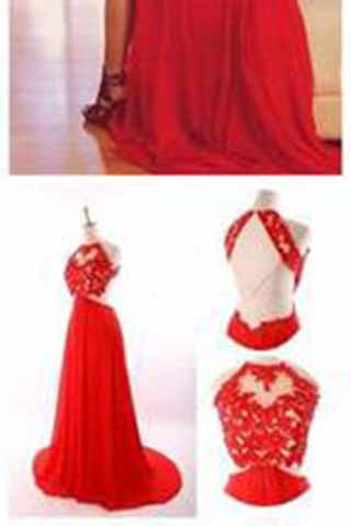 Sexy Red Backless Lace Unique Halter A Line Slit Criss Cross Prom Dress