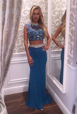 Mermaid Two Pieces Beading Open Back Blue High Neck Long Prom Dress