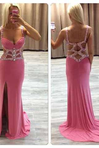 Sexy Mermaid See Through Pink Beaded V-Neck Long Prom Dress