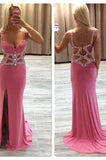 Sexy Mermaid See Through Pink Beaded V-Neck Long Prom Dress