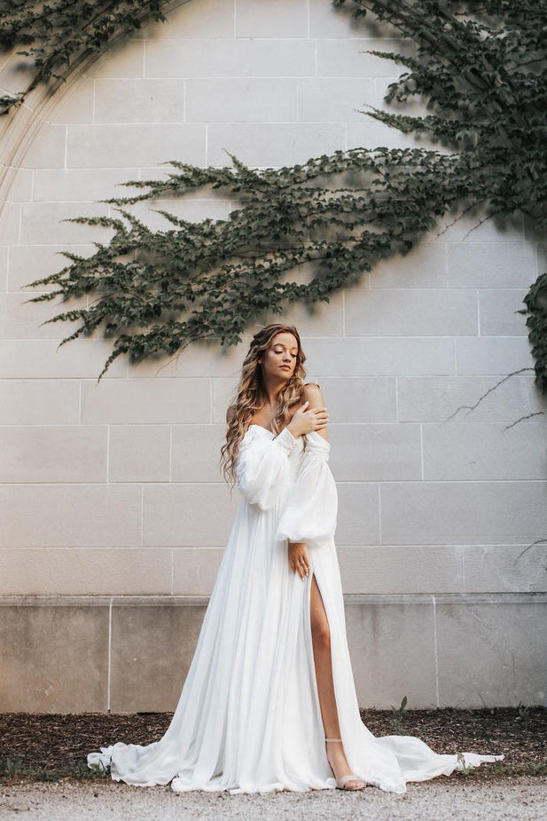 Flowy Off the Shoulder Chiffon Long Sleeve Boho Wedding Dresses