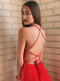 Sexy A-line Spaghetti Straps Red Chiffon Long Prom Dress