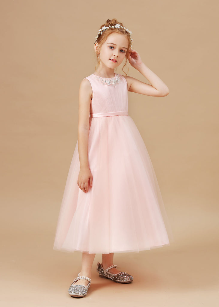 Sleeveless Applique Tulle Crepe Satin Flower Girl Dresses With Bowknot