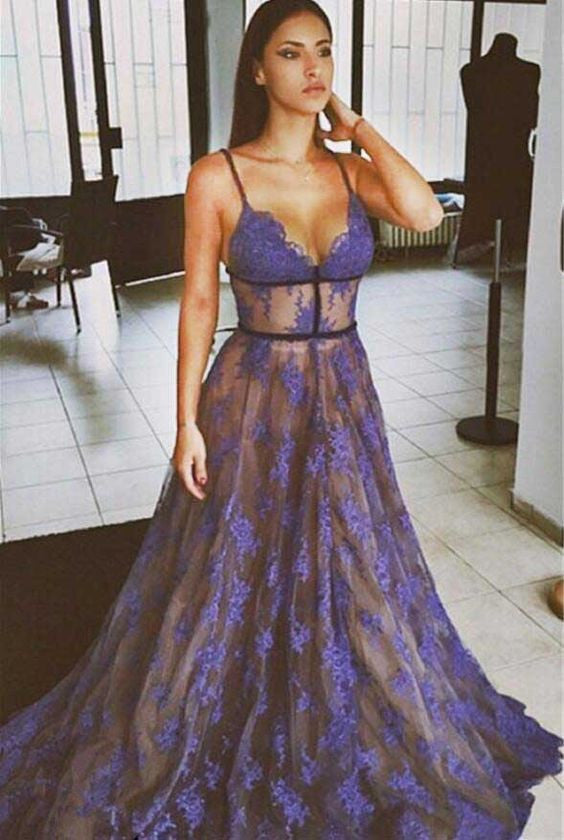 Purple Lace Prom Dress Spaghettis Straps Nude Lining Long Sexy Evening Gowns PW211