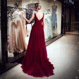 A Line V-Neck Sequins Beading Burgundy Tulle Prom Dress WH94707
