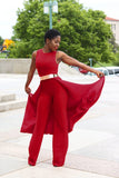 Red Sleeves Belted Wide Leg Jumpsuit Plus Size Jumpsuit