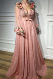 3D Floral Long Sleeve Pink Prom Dresses, Pearl Beaded V Neck Formal Dresses uk PW377