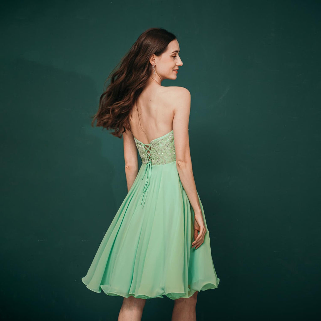 A Line Strapless Chiffon Sequins Knee Length Homecoming Dresses Short Prom Dresses WH291045