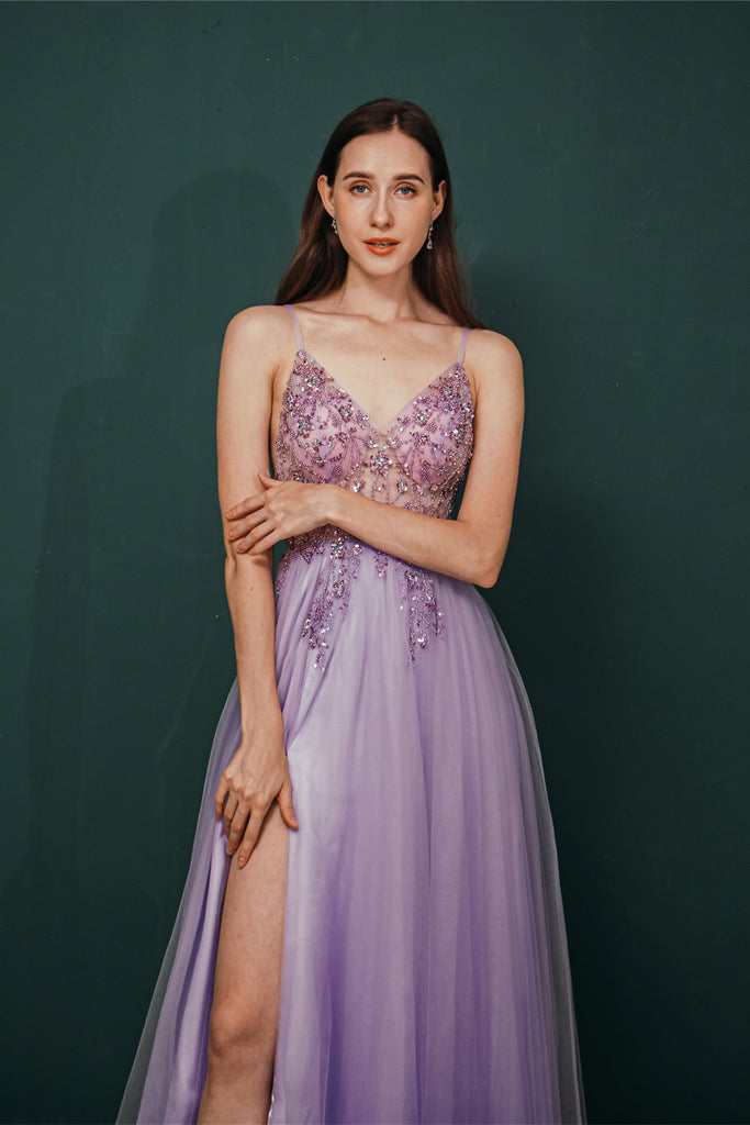 Charming A Line Spaghetti Straps Beading Tulle Long Prom Dresses Party Dresses WH351053