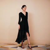 Elegant Long Sleeve V-Neck Black Chiffon High Low Prom Dresses WH191049