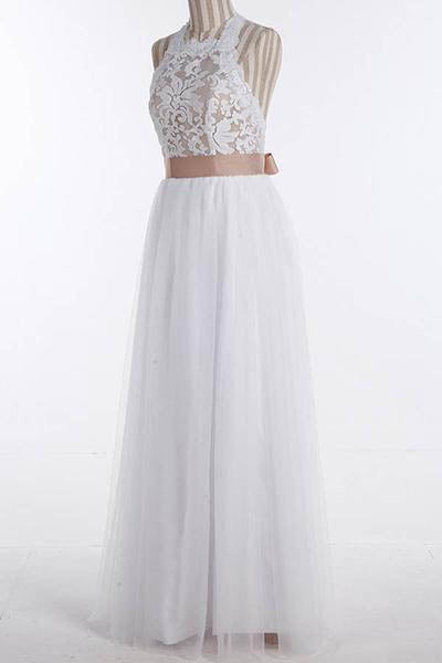 Simple A-Line White Open Back Jewel Sleeveless Floor-Length Lace Top Halter Wedding Dress PM381