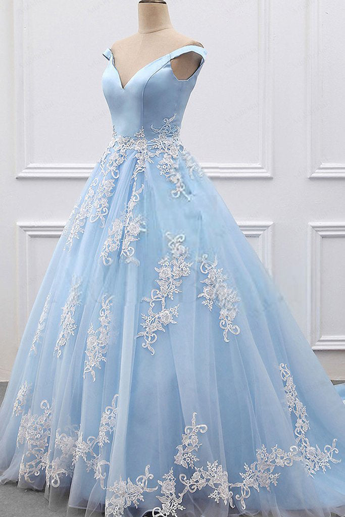 2018 Sky Blue Appliques Charming Ball Gown Off-the-Shoulder V-Neck Prom Dresses uk PM573
