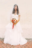 A-Line Short Sleeve Long Ivory Tulle Sweetheart Beaded Cute Backless Wedding Dresses UK PH335