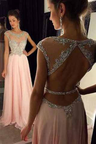 Sexy Backless Blush Pink Beaded Open Back Long Prom Dress