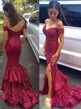 Red Off-the-Shoulder Mermaid Sequins Backless Long Prom Dress