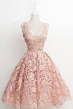 Vintage A Line Light Pink Knee-Length Scalloped-Edge Lace Prom Homecoming Dress