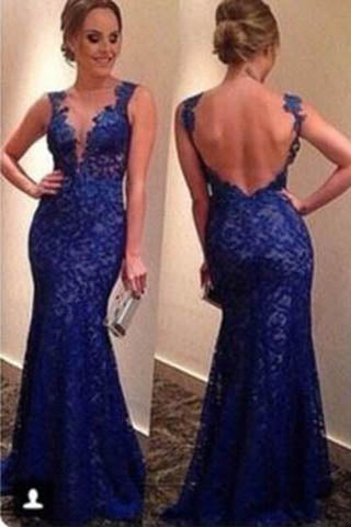 Charming Mermaid Royal Blue Lace Long Evening Dress Prom Dress