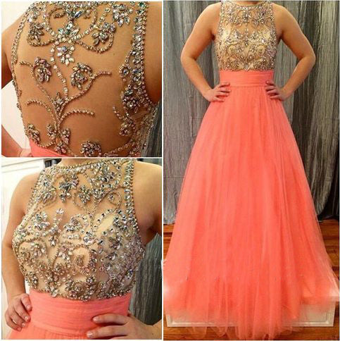 Scoop Tulle Sheer Back Coral Beads High Neck Sleeveless Long Prom Dress