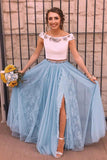 Two Piece Sky Blue Lace Thigh Split Off the Shoulder Prom Dresses uk with Rhinestone PW95