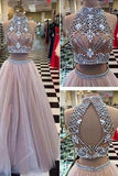 Sexy Two Piece Silver Beaded Bodice High Neck Tulle Prom Dress