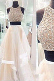 Two Piece Sexy Champagne High Neck Tulle Prom Dresses