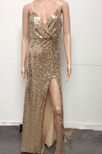Gold Sequin Deep V-Neck Open-back Spaghetti Strap Side Slit Prom Dresses uk PM373