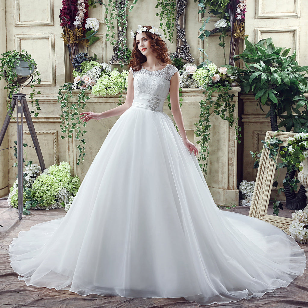 Ball Gown Strapless Appliques Lace Court Train Wedding Dress With Crystals WH30265
