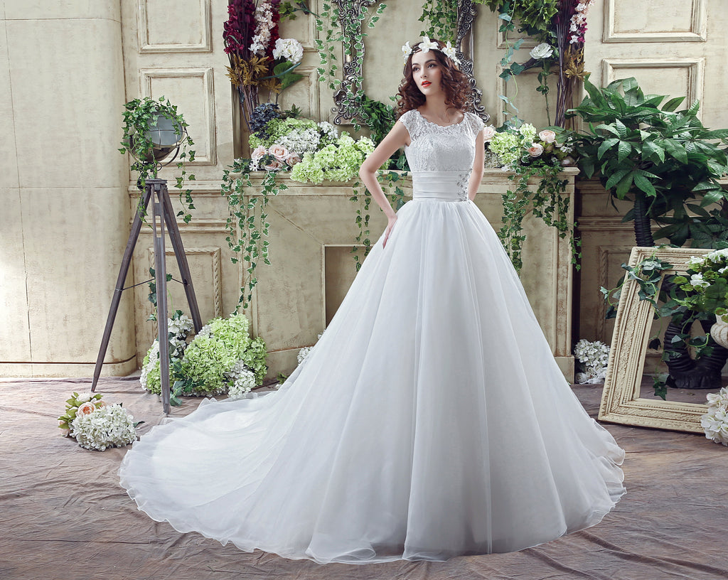 Ball Gown Strapless Appliques Lace Court Train Wedding Dress With Crystals WH30265