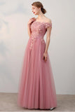 Chic A-Line Off-the-Shoulder Pink Appliques Lace-up Tulle Modest Long Prom Dresses uk PM410