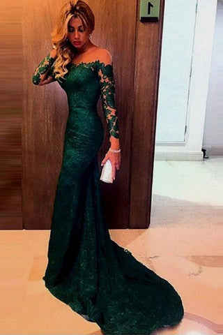 Charming Mermaid Off-the-shoulder Dark Green Long Sleeves Lace Prom Dress